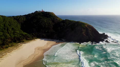 Beautiful-drone-shot-of-Cape-Byron-Lighthouse,-Australia