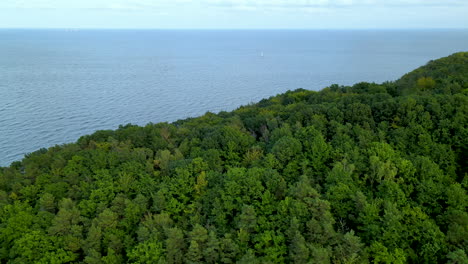 Calm-blue-waves-by-the-green-mountain-forest-and-beach-of-Gdynia,-Poland--aerial