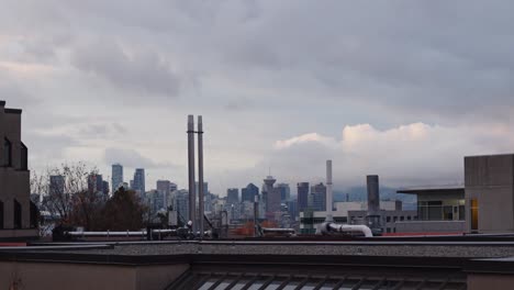 Vancouver-Cityscape,-industrial-foreground,-clouds