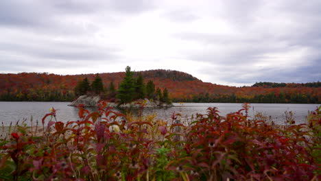 Left-to-right-pan-with-island-on-small-lake-in-fall