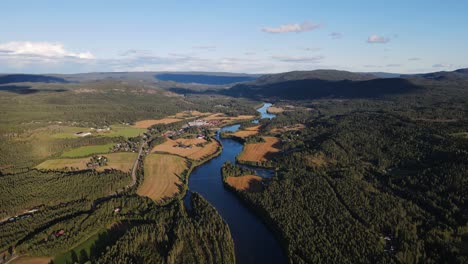 Beautiful-calm-footage-of-mountains,-valley-and-river-in-Southern-Norway,-drone-footage
