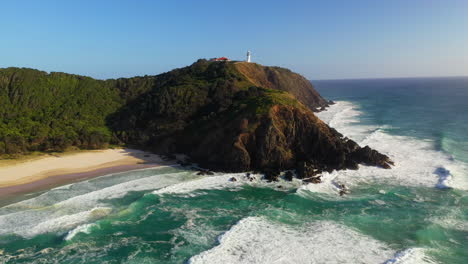 Cinematic-rotating-drone-shot-of-Cape-Byron-Lighthouse,-Australia