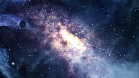 Rotierende-Galaxie-Mit-Blauem-Nebelwolkenvordergrund-Im-Universum