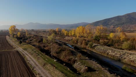 Countryside-at-morning,-yellow-trees-and-river-streaming-through-land-ready-to-be-planted