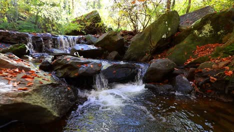 Zeitlupenansicht-Eines-Kleinen-Wasserfalls,-Der-über-Felsen-Mit-Bunten-Roten-Und-Orangefarbenen-Blättern-Des-Herbstes-Kaskadiert