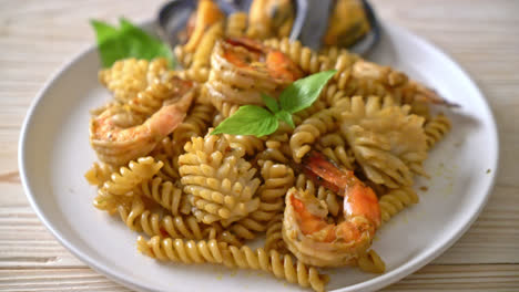 stir-fried-spiral-pasta-with-seafood-and-basil-sauce---fusion-food-style