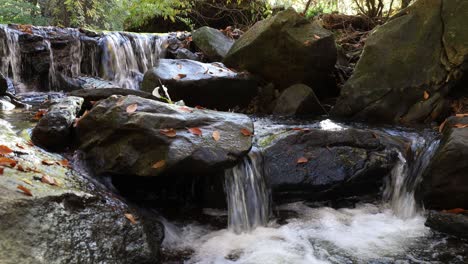 Malerischer-Wasserfall-In-Einem-Kleinen-Bach,-Der-Durch-Wälder-Mit-Der-Farbe-Des-Herbstlaubs-Fließt