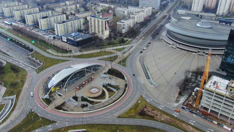 Aerial-Over-Roundabout-With-A-Tram-In-Katowice