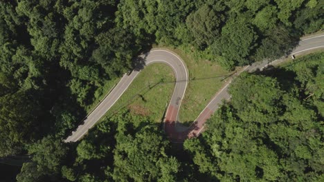 Aerial-view-of-white-car-driving-winding-green-jungle-road