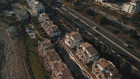 Aerial-residential-view-of-Spanish-suburd-near-the-coast,-Mijas,-South-of-Spain