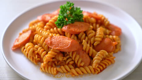 Pasta-En-Espiral-O-Espiral-Con-Salsa-De-Tomate-Y-Salchicha---Estilo-De-Comida-Italiana