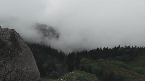 Aufwärts-Geneigte-Kamerabewegung,-Die-Ein-Bergtal-Von-Einer-Klippe-Hoch-Oben-Mit-Kiefernwald-Und-Wolken-Im-Hintergrund-Zeigt