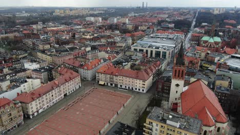 Aerial-Main-Square-In-Bytom-Poland-With-Church