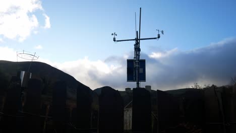 Weather-forecasting-scientific-station-solar-panel-wind-sensor-under-blue-sky-slow-right-dolly