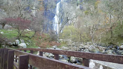 Kaskadierender-Wasserfall-Holzbrücke-Herbst-Kahler-Blattloser-Baum-Szene-Dolly-Rechts