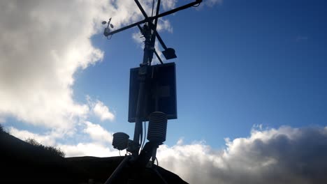 Weather-forecasting-scientific-station-solar-panel-wind-sensor-under-blue-sky-low-angle