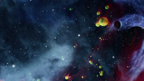 Nubes-Nebulosas-Coloridas-Y-Varios-Planetas-Pequeños-Moviéndose-En-El-Universo-Oscuro