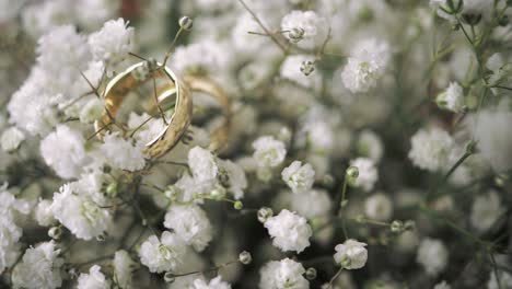 Makroaufnahme-Von-Goldenen-Hochzeitsbändern-In-Weißen-Blüten