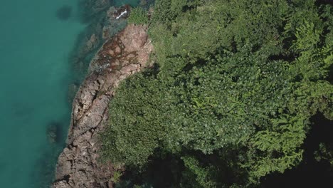 Aerial-top-view-tropical-ocean-jungle-rocky-coastline-turquoise-water