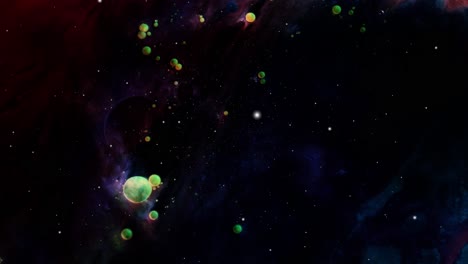 Nubes-Nebulosas-Y-Varios-Planetas-Pequeños-Moviéndose-En-El-Universo-Oscuro