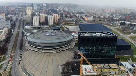 Aerial-Katowice-Construction-Next-To-Spodek-Building-4K