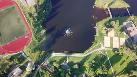 Aerial-Top-Down-on-Park-with-Lake-and-Fountain---Self-Isolation-Recreation-Complex