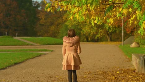 Young-Girl-In-Brown-Fur-Coat-Walking-And-Admiring-The-Autumn-Colors-In-The-Park