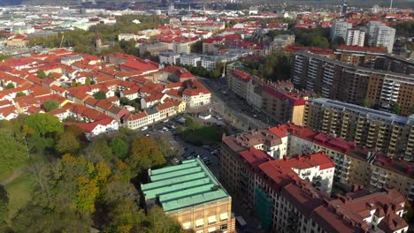 Aerial-view-over-the-homes-and-streets-of-Gothenburg-Sweden-Tilt-up-drone-reveal
