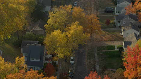 Flyover-beautiful-neighborhood-street-in-Kirkwood,-Missouri-in-Autumn-at-peak-color-with-a-tilt-up