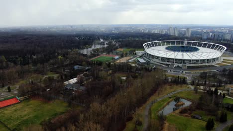 Empty-Stadium-And-Park-in-Poland-Spring-Aerial-4K
