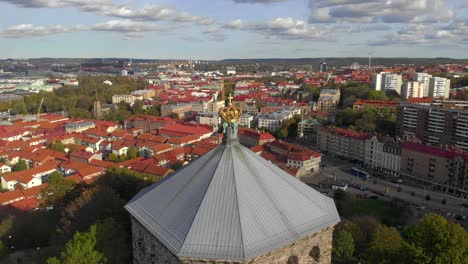 Aerial-flying-backwards-revealing-Skansen-Kronan.-Gothenburg,-Sweden