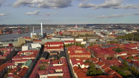 Aerial-view-of-Gothenburg-city-with-red-rooftop-buildings-and-river