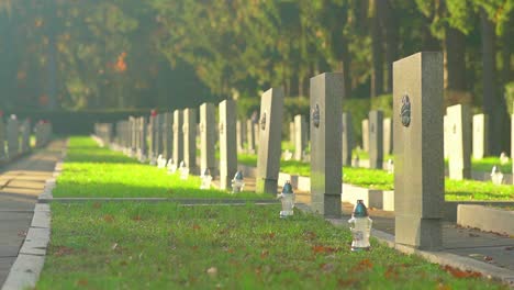 Lápidas-De-Soldados-Polacos-Y-Soviéticos-Desconocidos-De-La-Segunda-Guerra-Mundial-En-El-Cementerio-Central-De-Szczecin-Polonia---Plano-Medio
