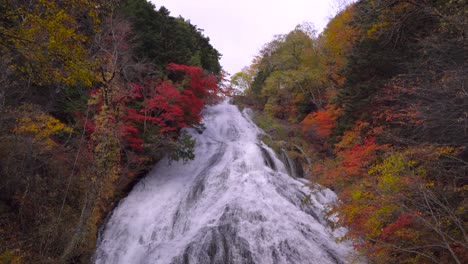 Slow-tilt-up-over-beautiful-broad-waterfall-with-bright-and-vibrant-autumn-colors