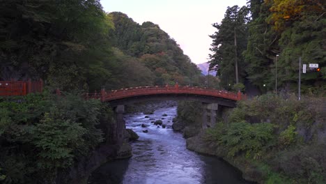 Beautiful-Shinkyo-bridge-in-Nikko,-Japan-during-early-morning-hours---static-shot