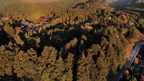 Slow-aerial-drone-tilt-up-over-forest-in-Nikko-area-next-to-Toshogu-Shrine