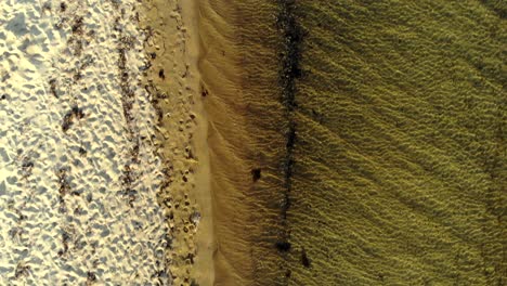 Aerial-backward-flight-view-of-line-between-beach-and-sea-from-bird-eye-to-landscape-perspective,-Balikesir,-Turkey