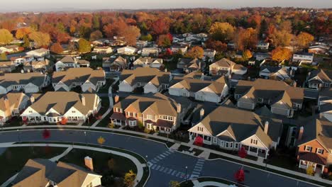 Aerial-of-homes-during-golden-hour-in-autumn