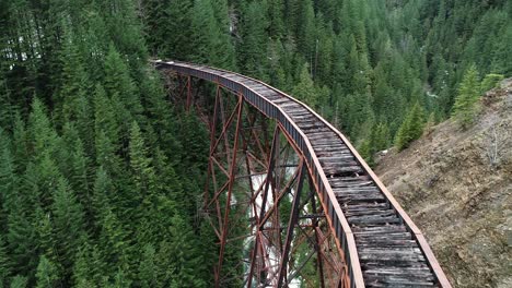 Aerial-View-of-Ladner-Creek-Trestle,-Abandoned-Bridge-of-Kettle-Valley-Railway,-British-Columbia-Canada,-Drone-Shot