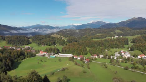 aerial-view-of-Pecine-village-in-Slovenia-surrounded-by-forest-and-green-hills