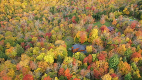 Aerial-View-of-Hidden-Countryside-Houses-in-Colorful-Forest-With-Flashy-Foliage