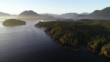 Aerial-View-of-Idyllic-Landscape-and-Coastline,-Vancouver-Island,-Tofino,-Canada-on-Sunset-Sunlight