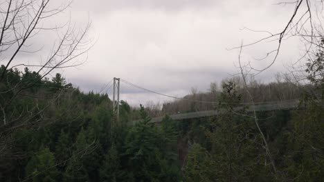 Suspended-Footbridge-Surrounded-By-Dense-Forest-Foliage-In-Coaticook-Gorge,-Coaticook,-Quebec,-Static-Shot