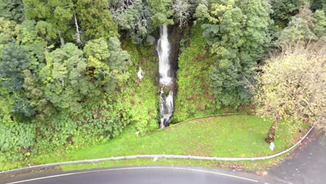 Small-waterfall-stream-cascading-down-lush-vegetation-by-the-side-of-the-road-in-São-Miguel-Island,-Azores---Asceding-aerial-shot