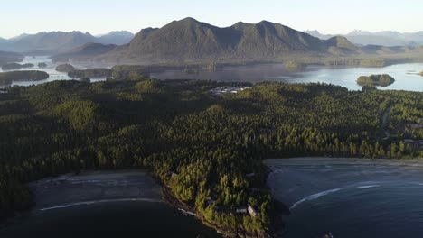 Aerial-View-of-Vancouver-Island-Coastline-and-Misty-Landscape-on-Golden-Hour-Sun