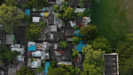 Top-down-look-at-slum-in-India,-ramshackle-homes-and-trees-standing-close-together-at-the-edge-of-a-green-field
