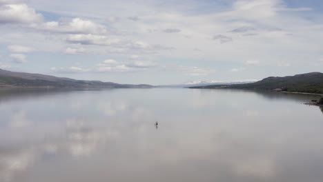 Aerial-at-Lagarfljot-lake-in-Iceland-with-lone-man-on-standup-paddle-board