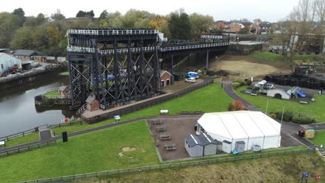 Industrial-Victorian-Anderton-canal-boat-lift-Aerial-view-River-Weaver-right-wide-orbit