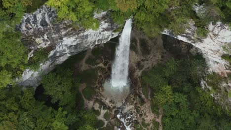Wildenstein-Waterfall-in-the-Austrian-Alps-view-from-top,-Aerial-rising-hover-shot