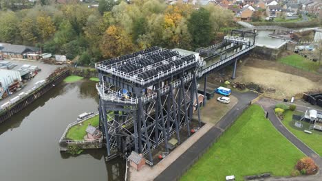 Industrial-Victorian-Anderton-canal-boat-lift-Aerial-view-River-Weaver-slow-descend